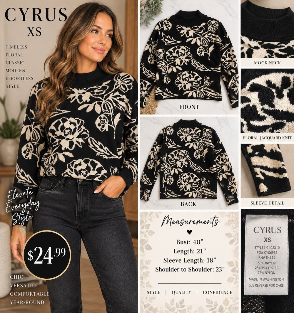 Cyrus Women’s XS Black Cream Floral Jacquard Mock Neck Sweater Pullover Fall EUC